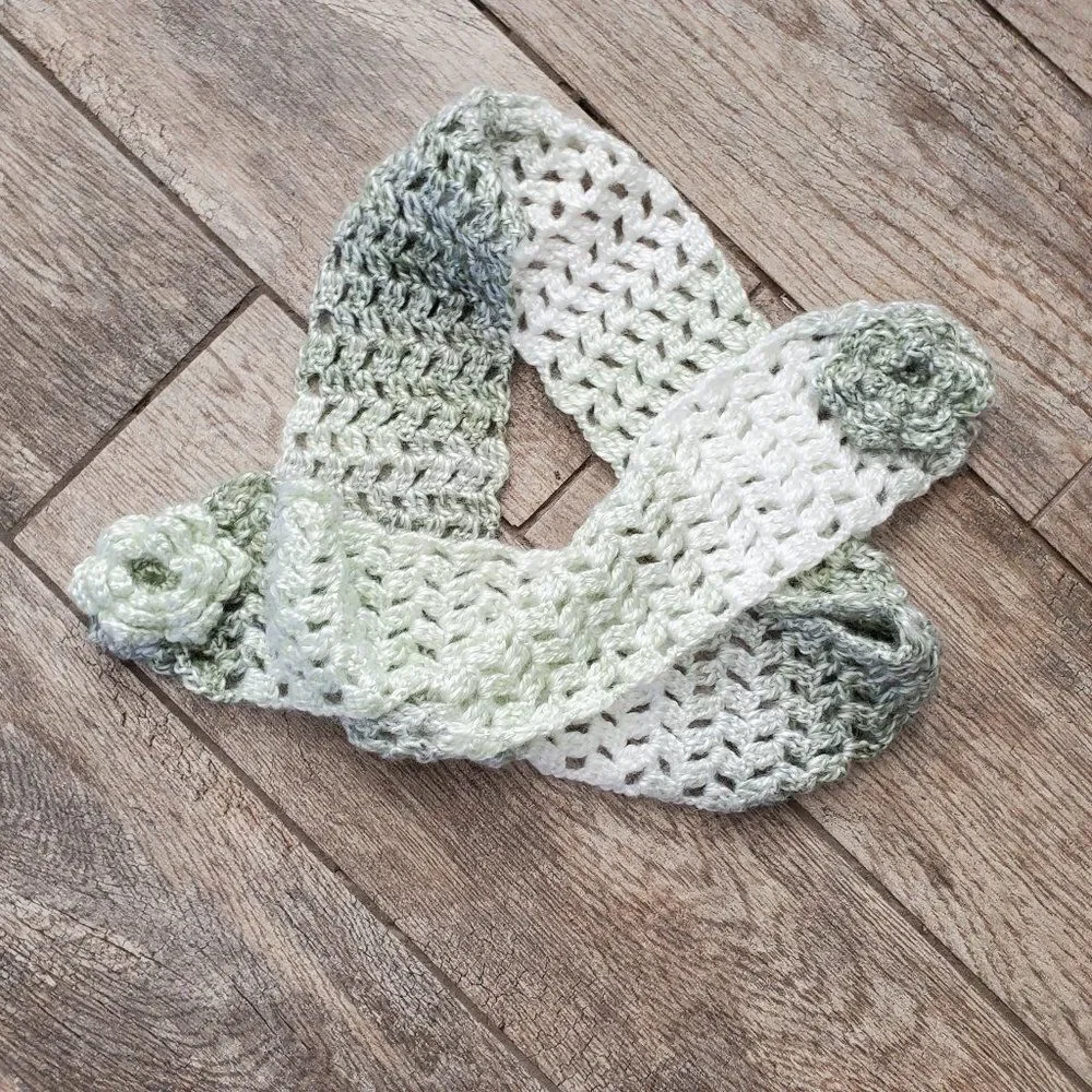 BOGO Scarf Sale - Hand Crafted ombre green and white with flowers crochet scarf
